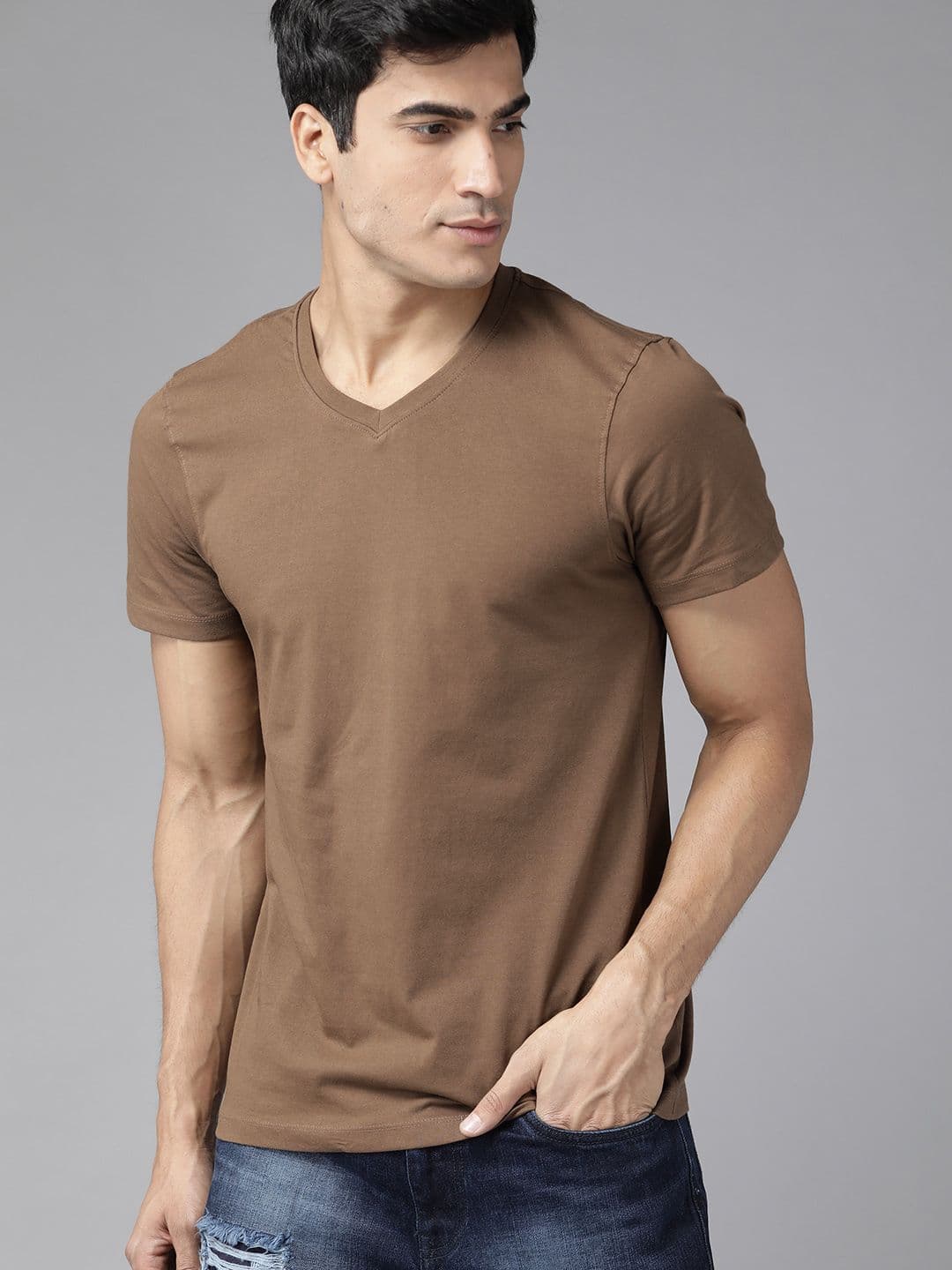 The Roadster Lifestyle Co Men Pack of 2 Black Olive Brown Solid V-Neck Cotton Pure Cotton T-shirt - view 1