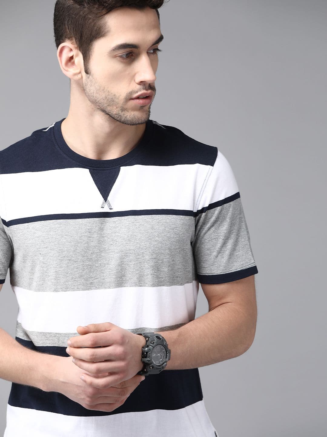 The Roadster Lifestyle Co Men White & Navy Blue Striped Round Neck T-shirt - view 1