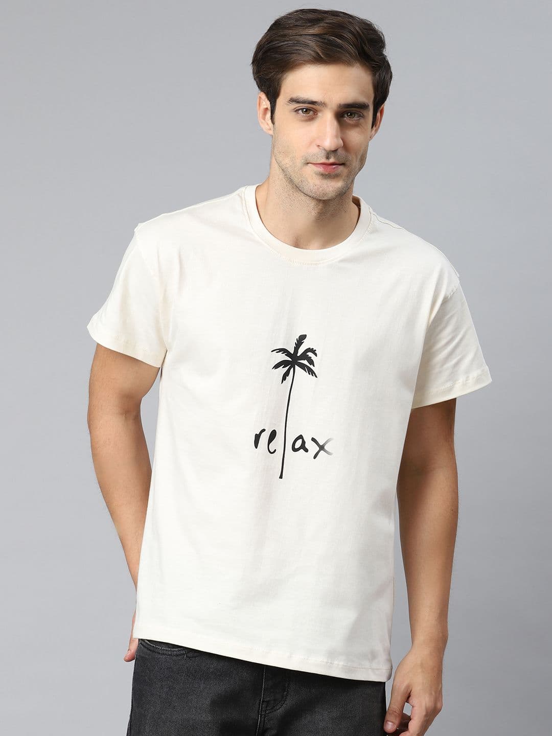 Mast & Harbour Men Off-White & Black Cotton Printed Round Neck T-shirt - view 1