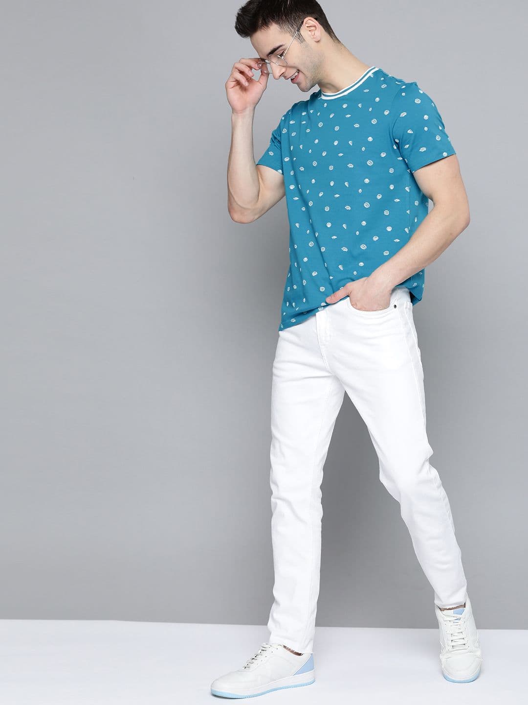Mast & Harbour Mast Harbour Men Blue White Pure Cotton Printed Round Neck Pure Cotton T-shirt - view 1