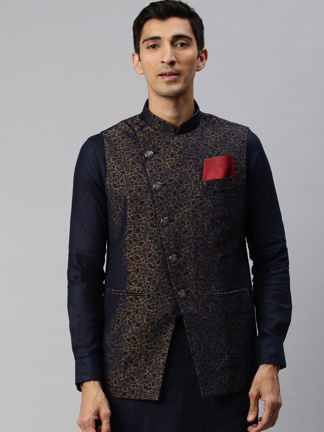 Manyavar Men Navy Blue & Gold-Toned Woven Design Nehru Jacket - view 1