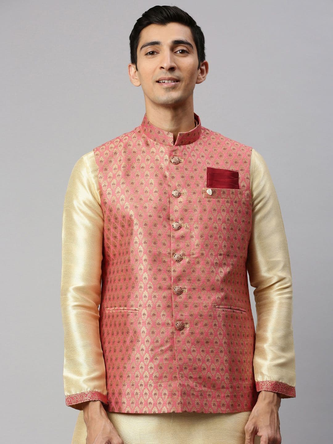 Manyavar Men Pink & Gold-Toned Woven Design Nehru Jacket - view 1