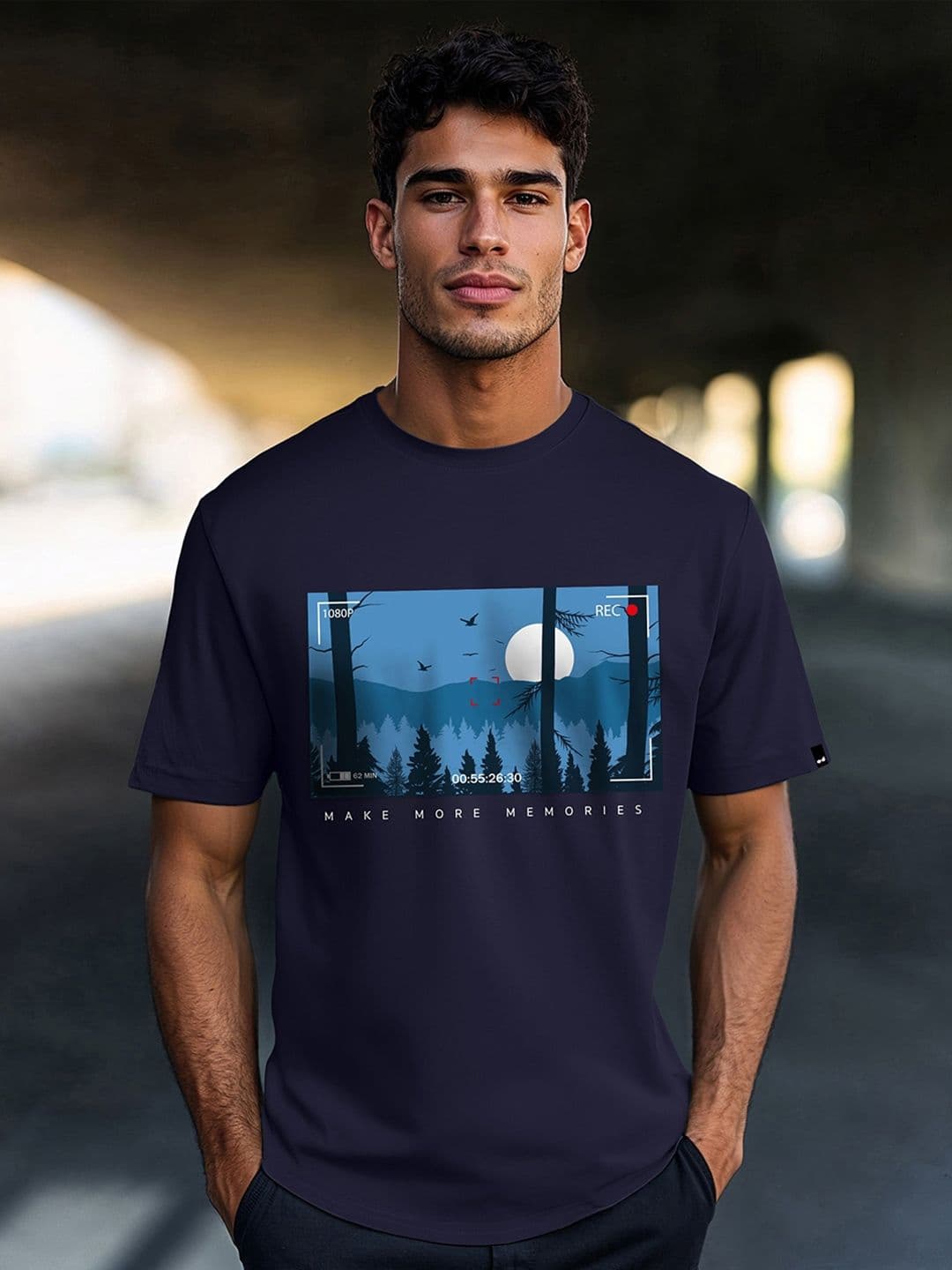 Bewakoof Men Navy Blue Printed Round Neck Pure Cotton T-shirt - view 1