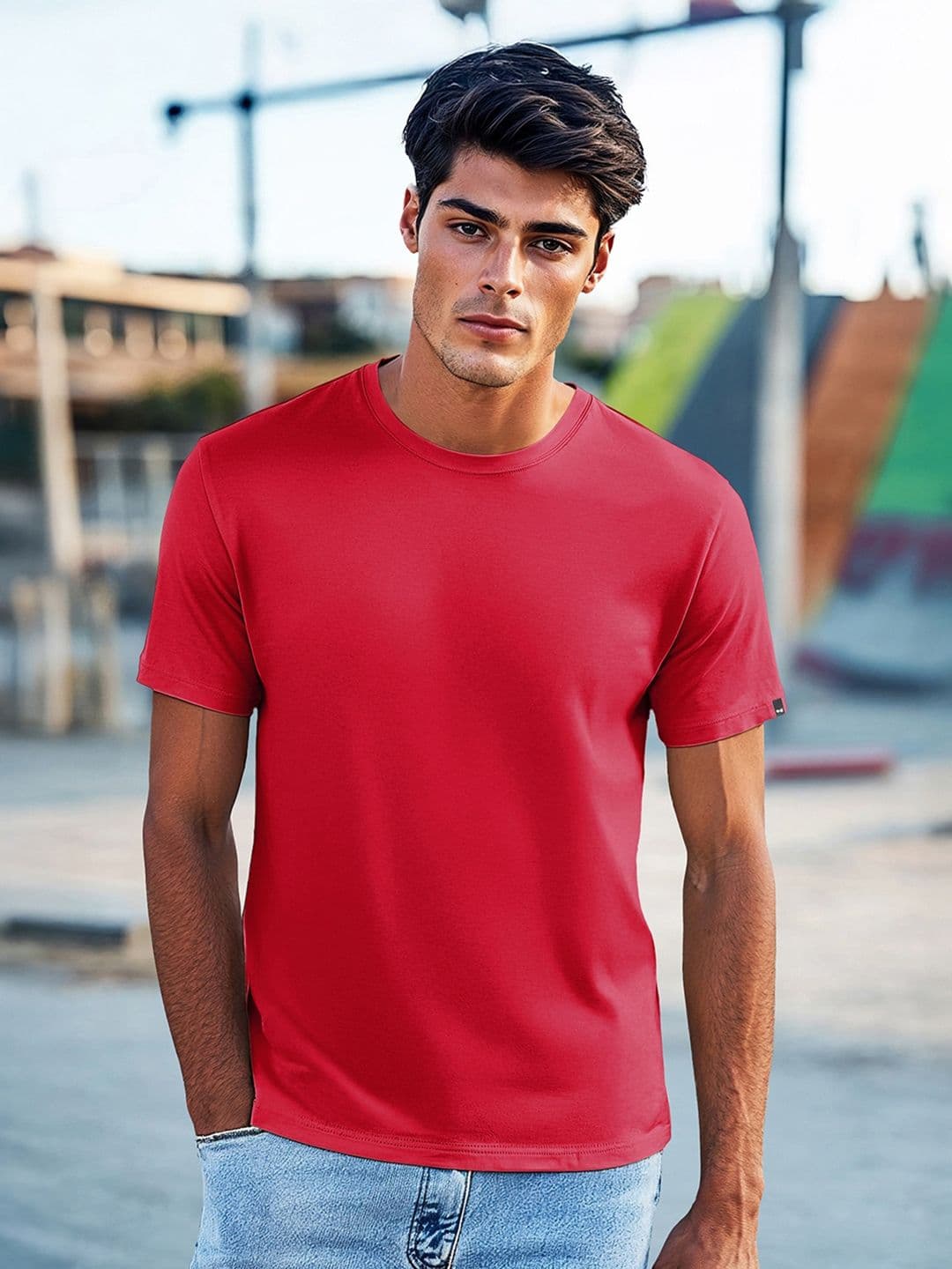 Bewakoof Men Red Solid Round Neck Pure Cotton T-shirt - view 1