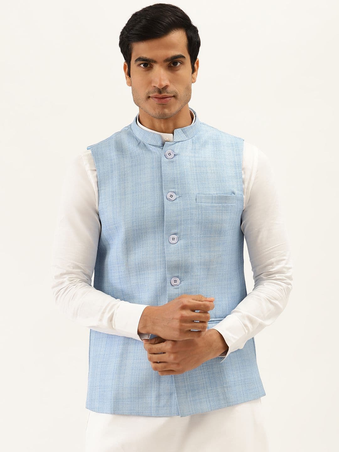 Manyavar Men Blue Textured Nehru Jacket - view 1