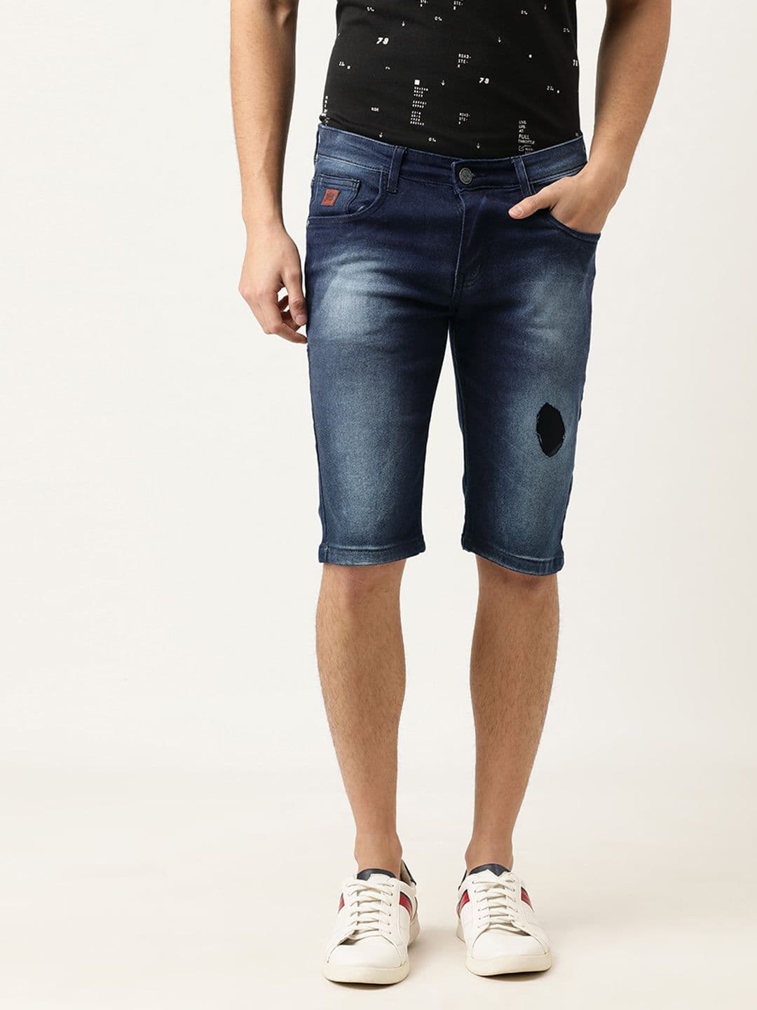 CAHOOT Men Navy Blue Washed Low Distress Regular Fit Denim Shorts - view 1