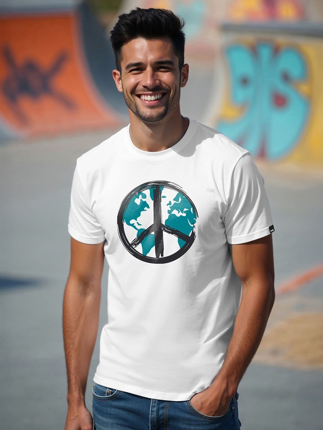 Bewakoof Men White World Peace Printed Round Neck Pure Cotton T-shirt - view 1