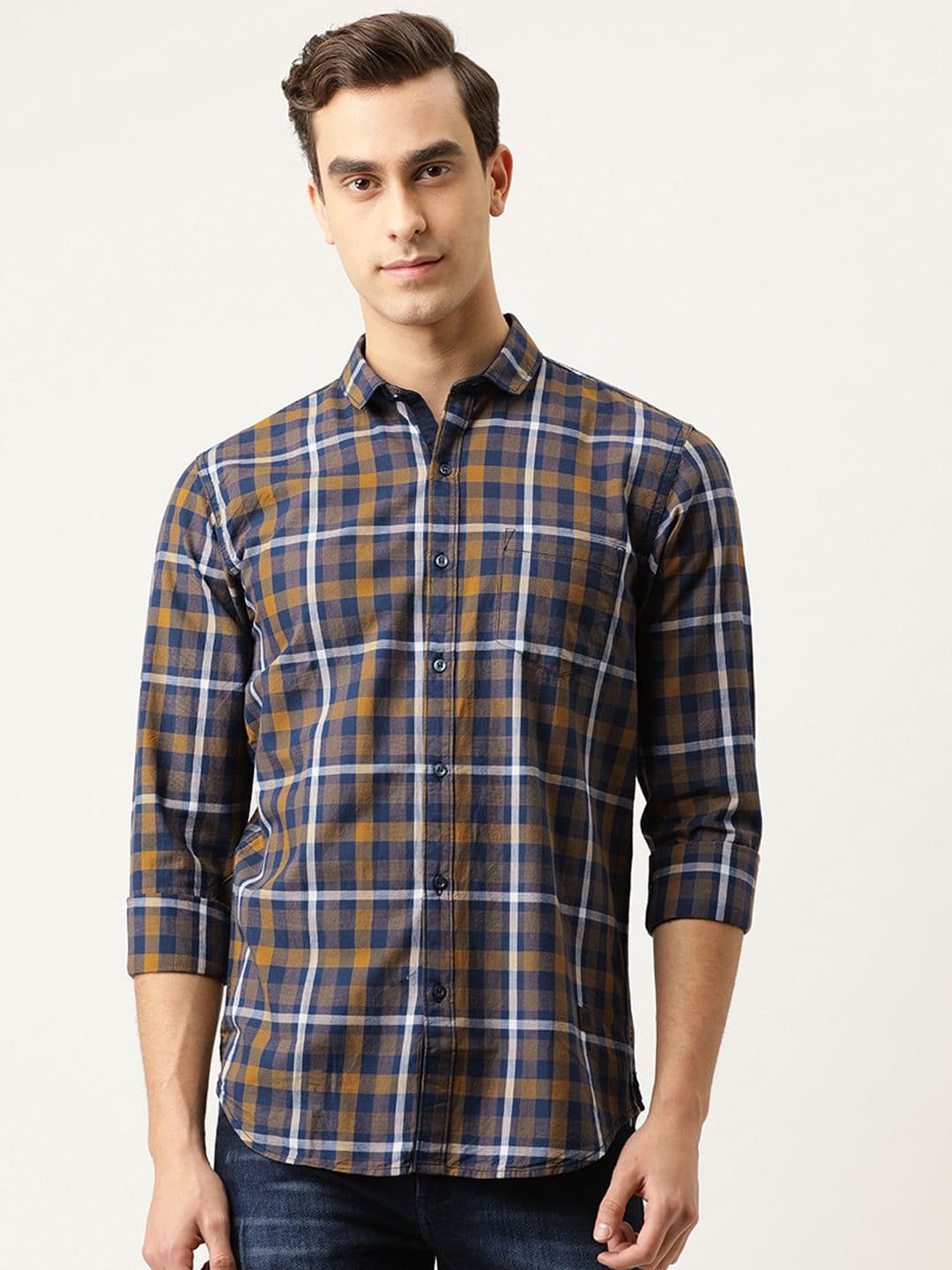 CAHOOT Men Navy Blue & Mustard Yellow Regular Fit Checked Casual Shirt - view 1