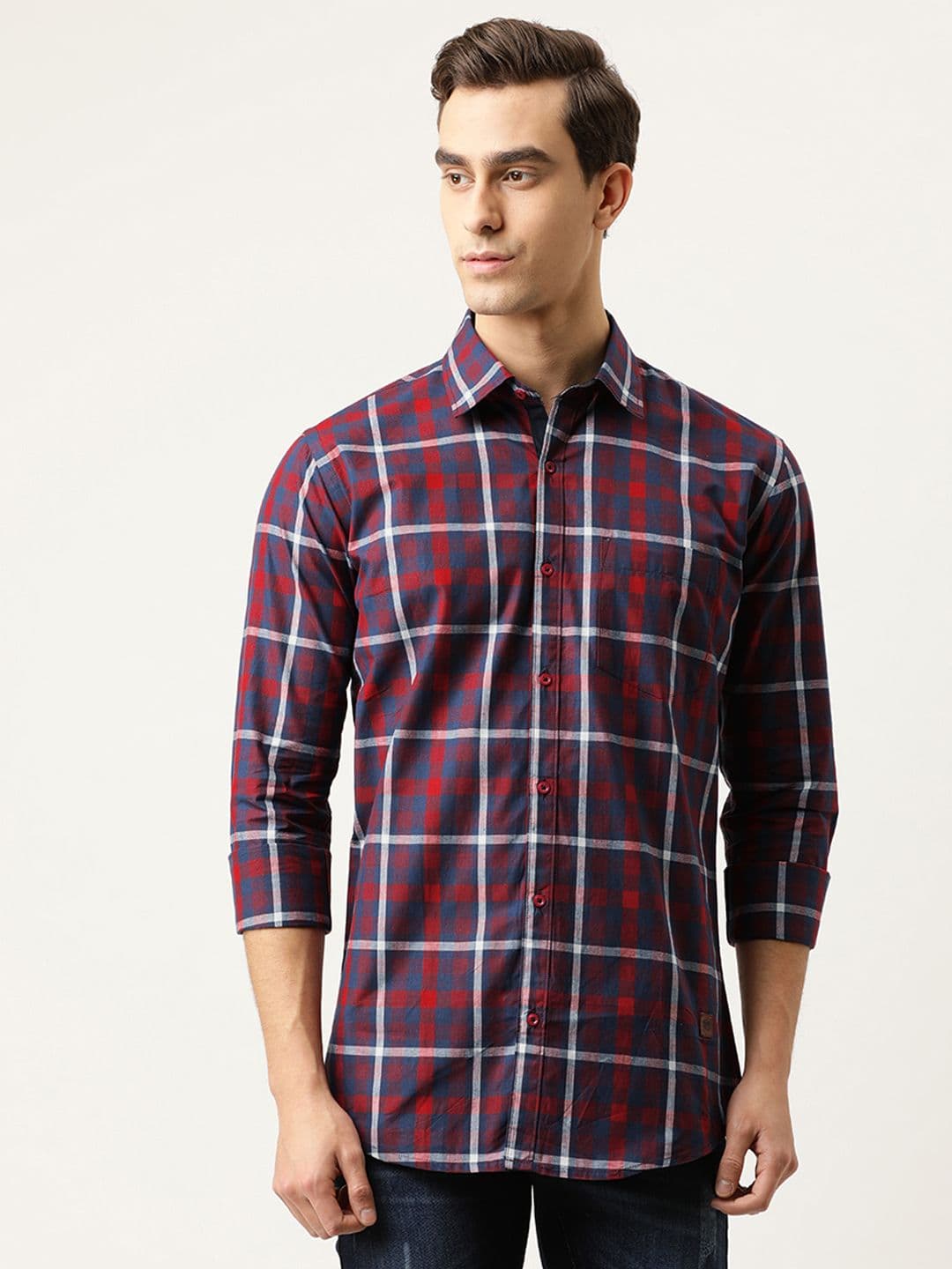 CAHOOT Men Maroon & Navy Blue Regular Fit Checked Casual Shirt - view 1