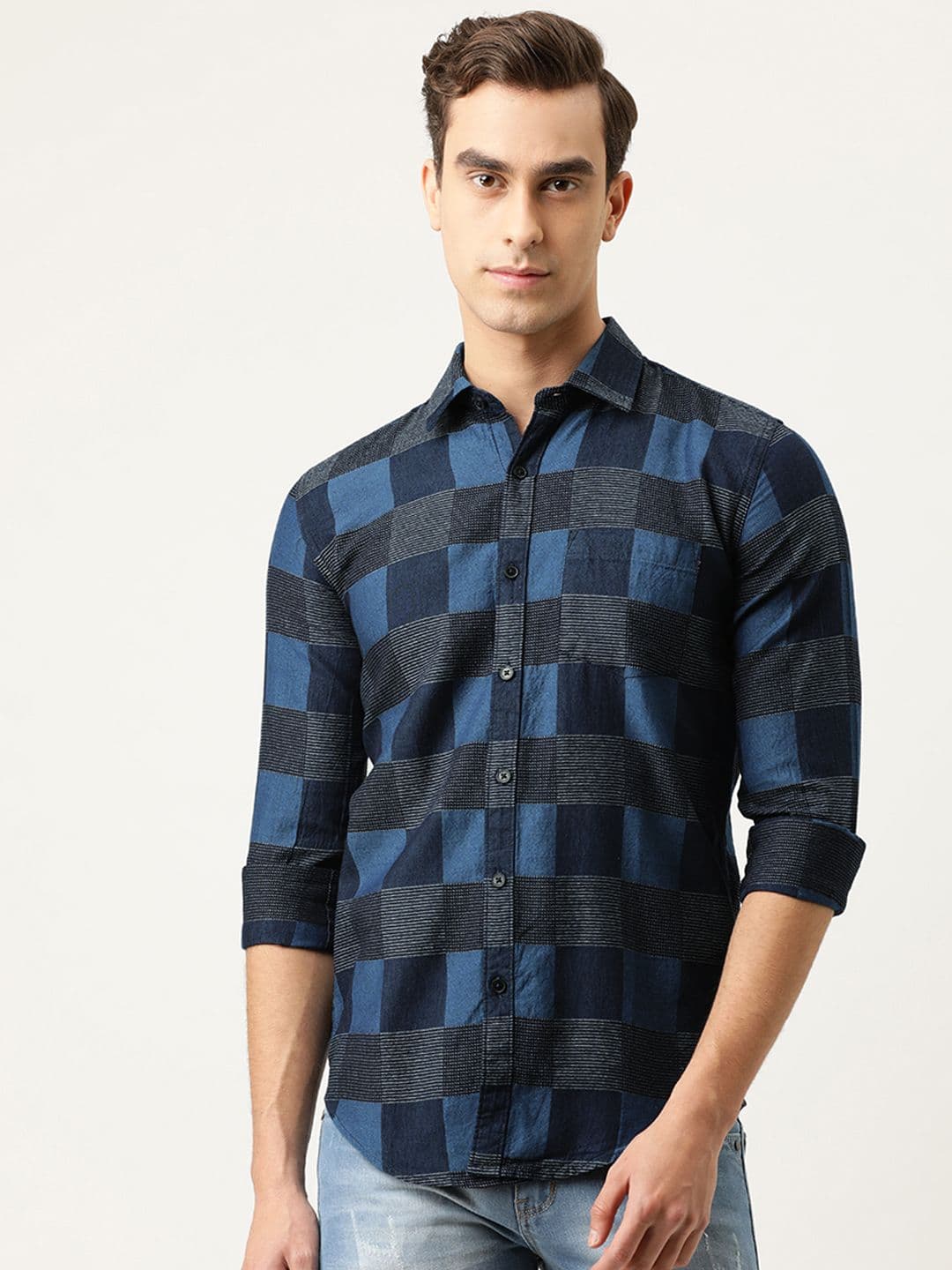CAHOOT Men Navy Blue Regular Fit Checked Casual Shirt - view 1