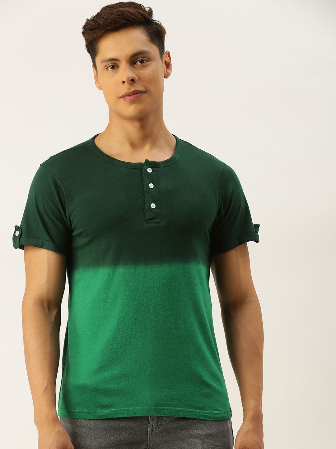 CAHOOT Men Green Ombre Dyed Bio Wash Henley Neck Pure Cotton T-shirt - view 1