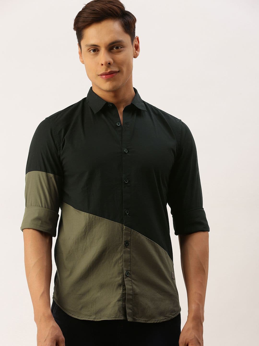 CAHOOT Men Black & Olive Green Regular Fit Cotton Colourblocked Casual Shirt - view 1