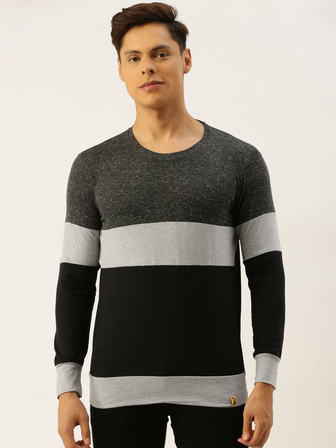 CAHOOT Men Black Grey Colourblocked Round Neck Pure Cotton Bio-Wash Pure Cotton T-shirt - view 1