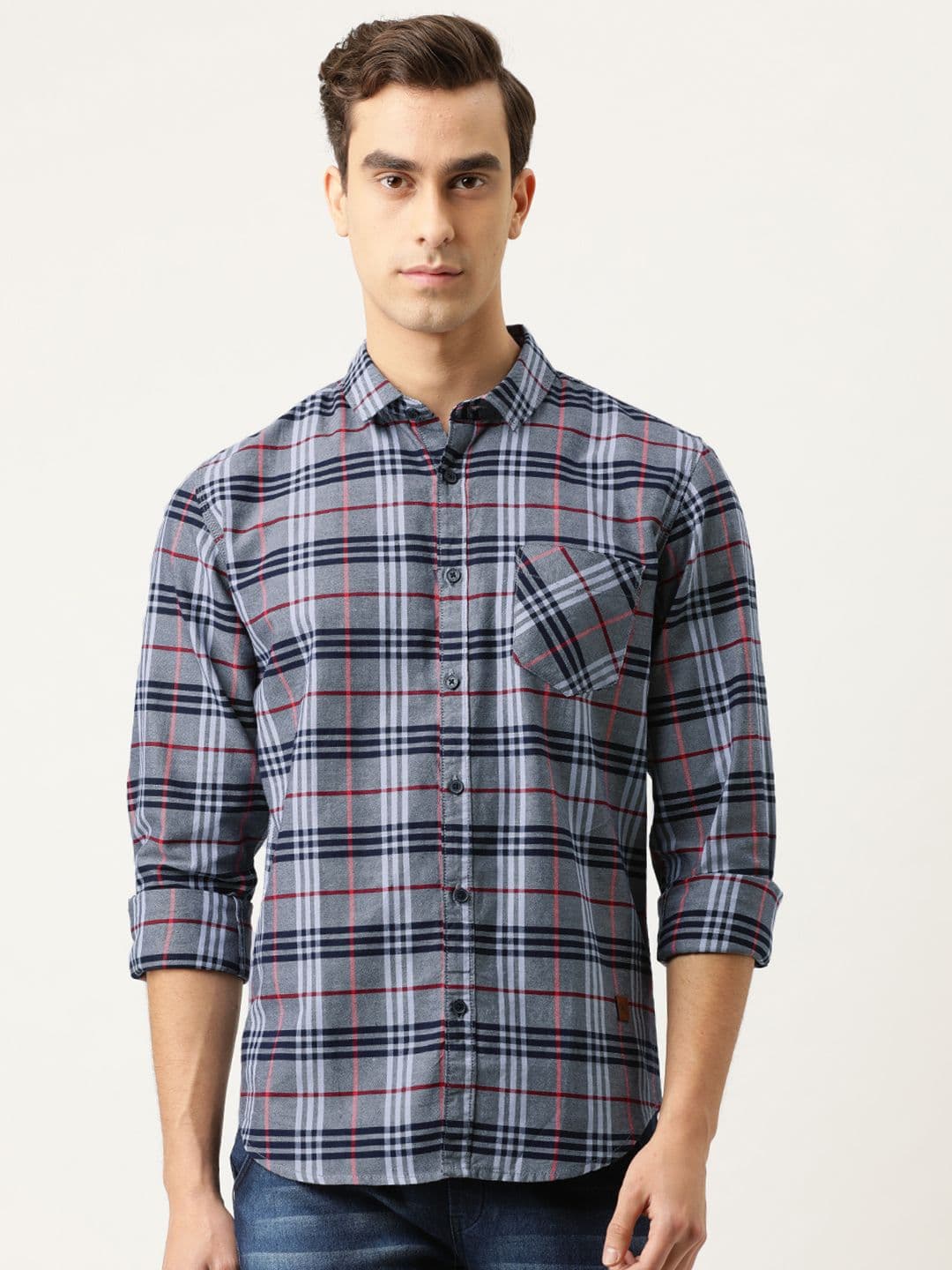 CAHOOT Men Grey & Navy Blue Regular Fit Checked Casual Shirt - view 1