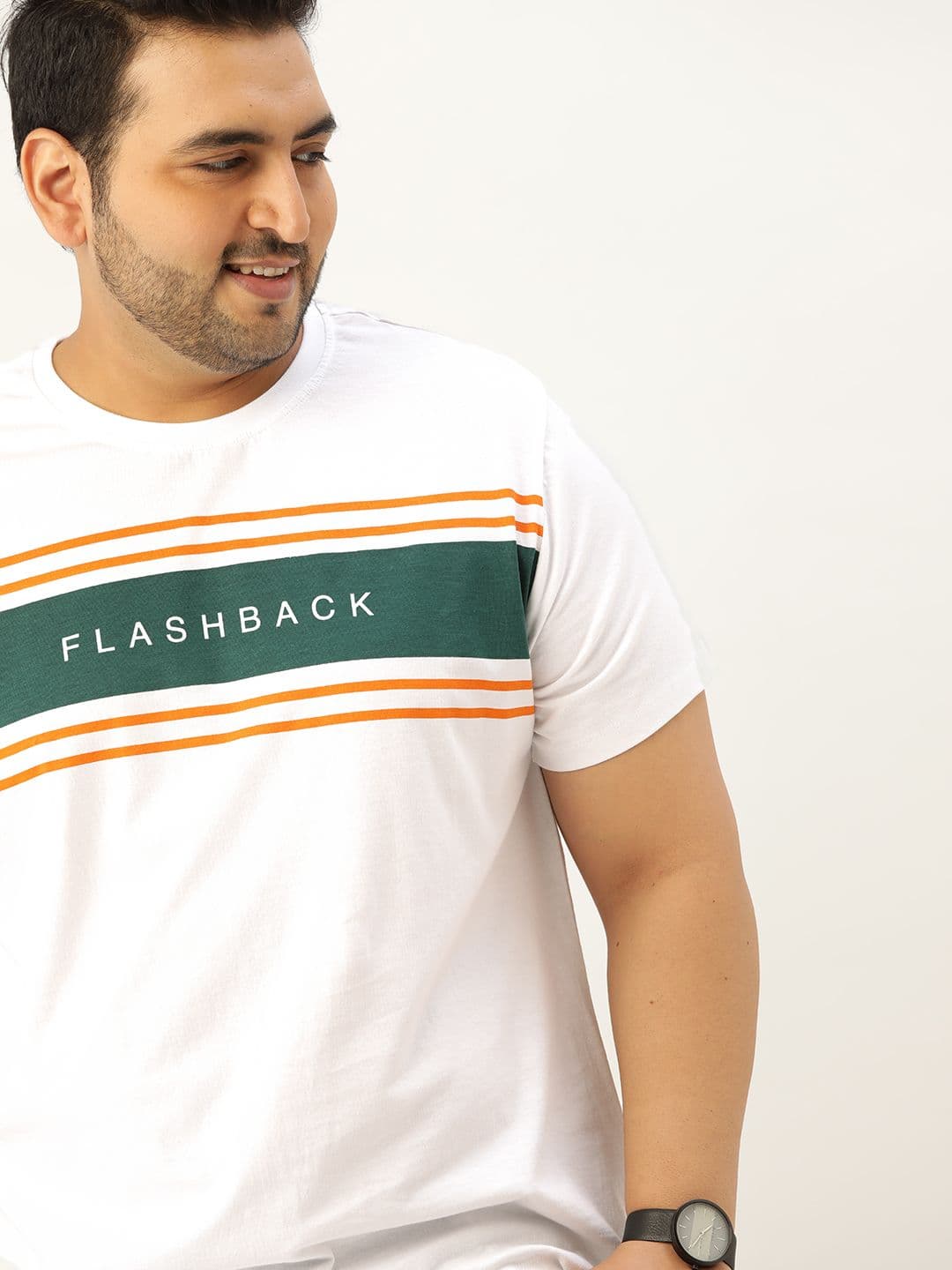 Sztori Men Plus Size White & Green Cotton Striped T-shirt - view 1