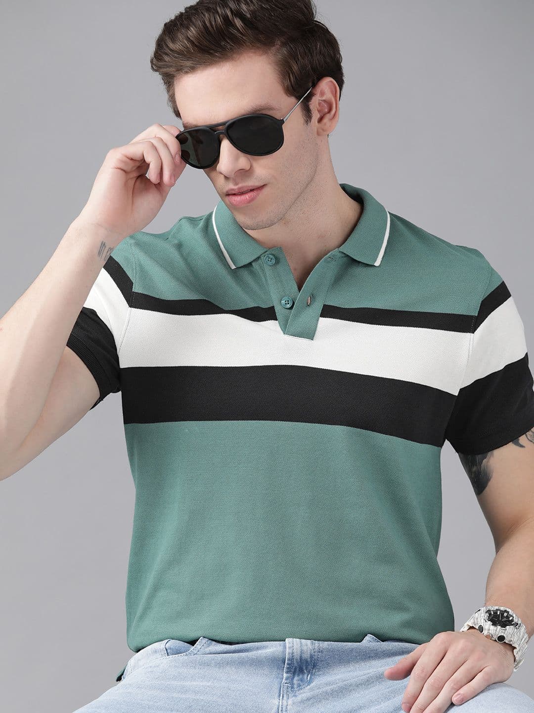 Roadster Men Teal Green & White Colourblocked Polo Collar Pure Cotton T-shirt - view 1