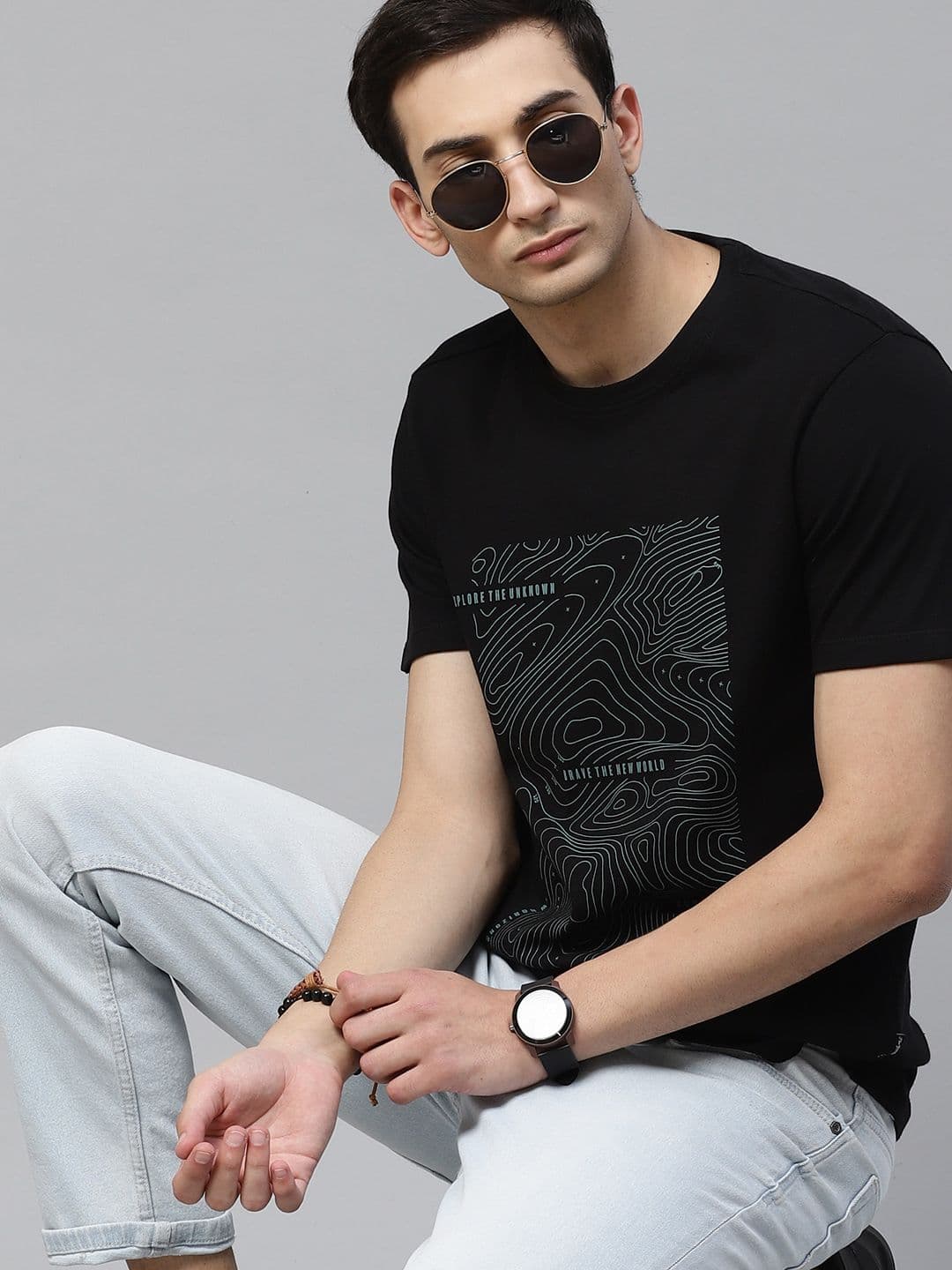 The Roadster Lifestyle Co Men Black Grey Maze Print Cotton T-shirt - view 1
