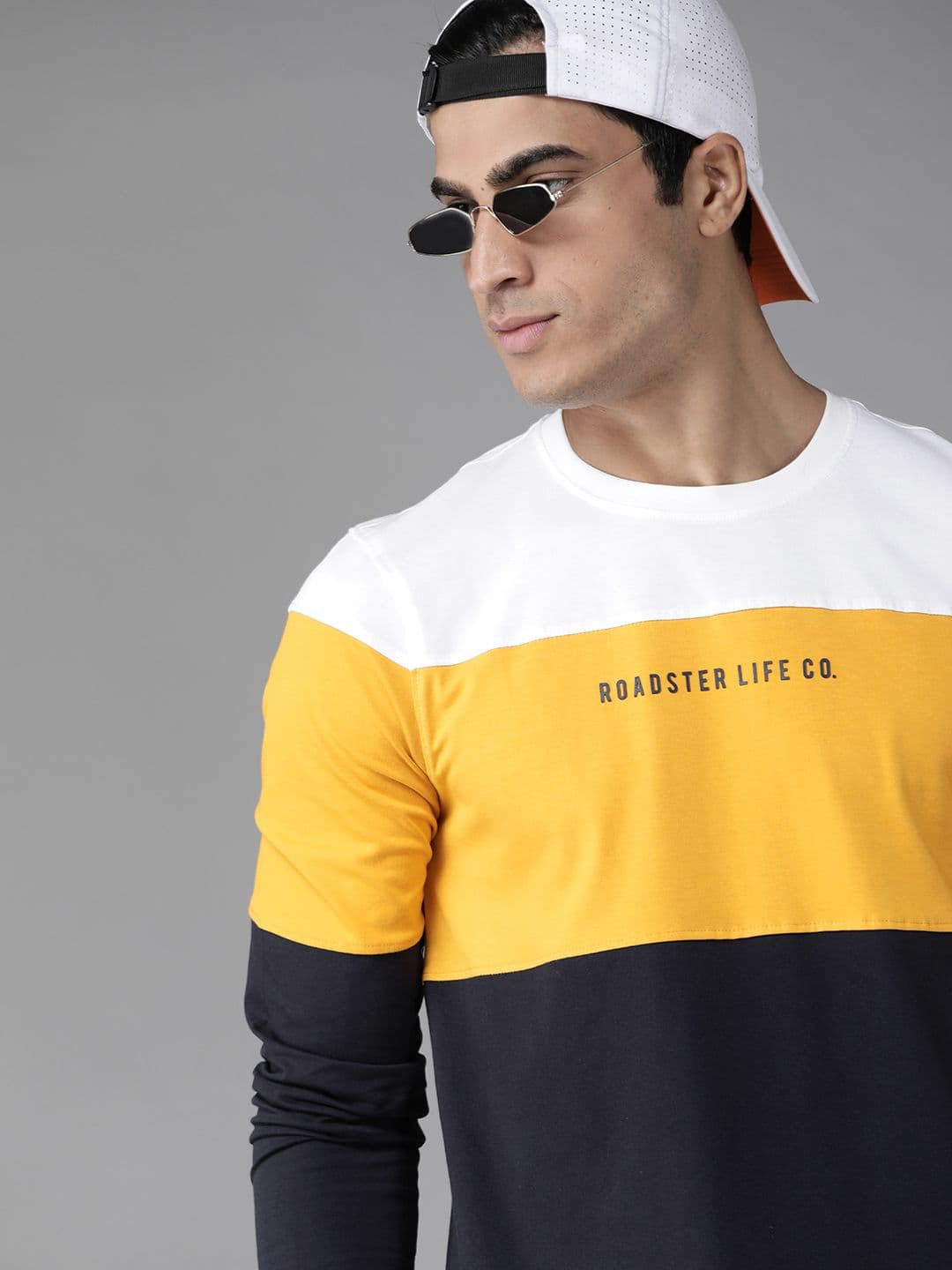 The Roadster Lifestyle Co Men White & Mustard Yellow Colourblocked Cotton Round Neck T-shirt - view 1