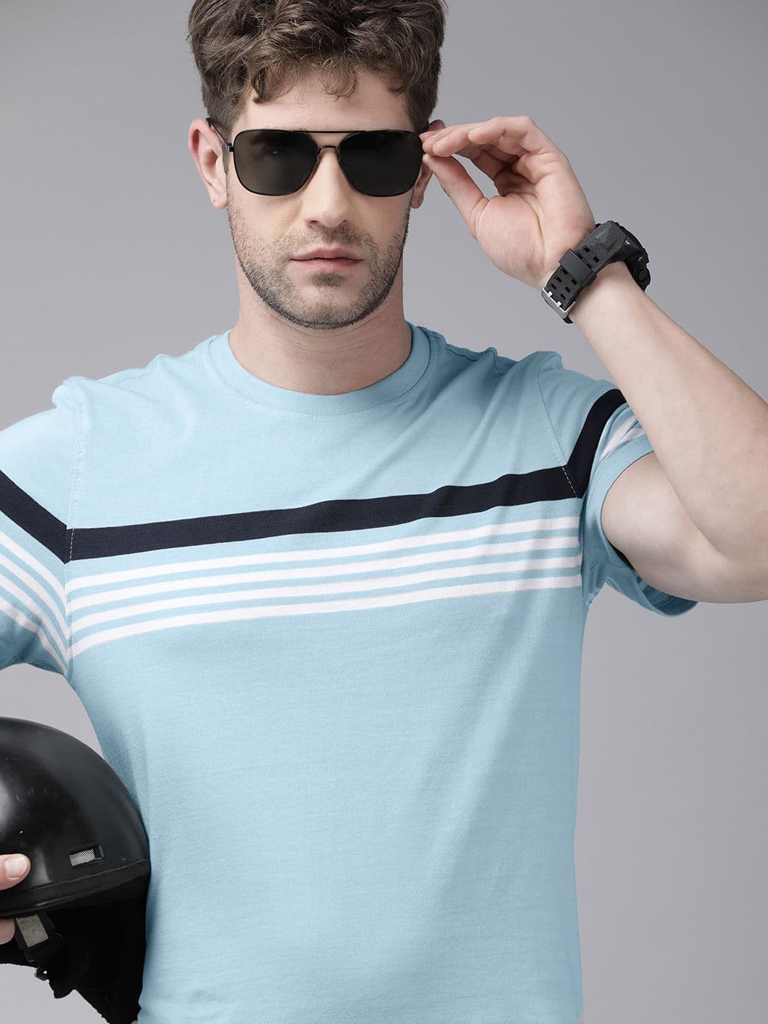 The Roadster Lifestyle Co Men Blue White Striped Cotton T-shirt - view 1