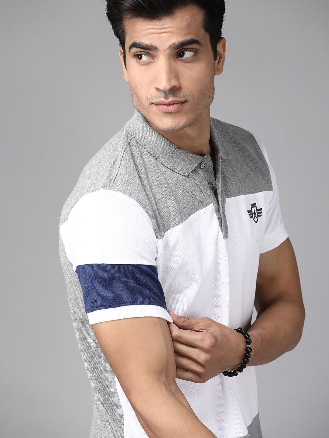 The Roadster Lifestyle Co Men Grey & White Colourblocked Pure Cotton Polo Collar T-shirt - view 1