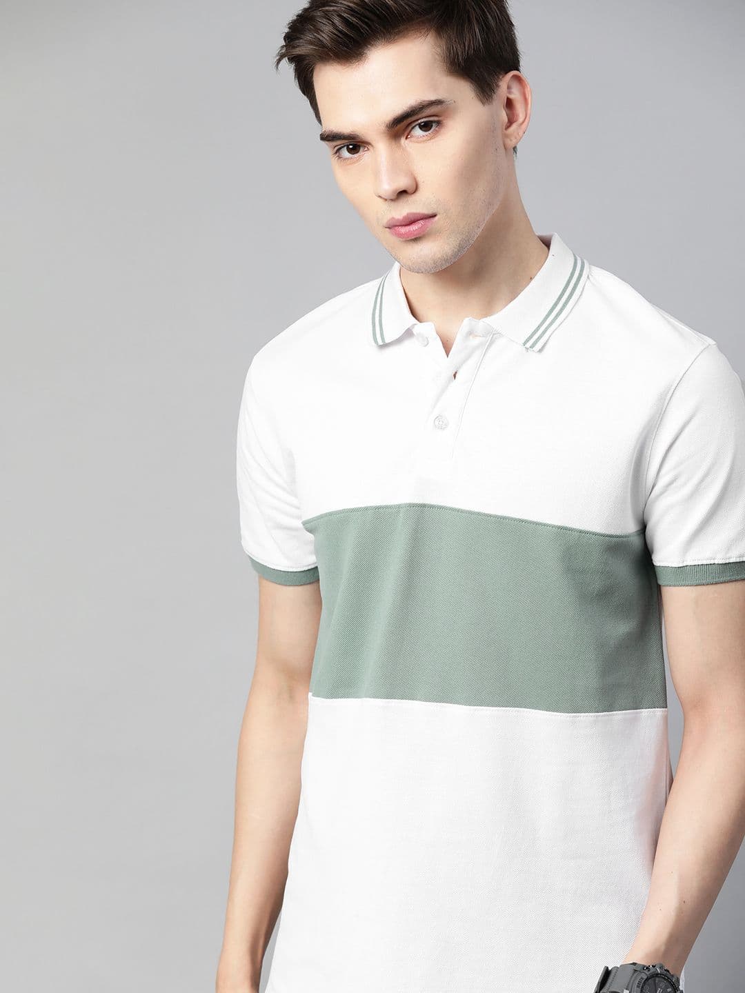 The Roadster Lifestyle Co Men White Green Pure Cotton Colourblocked Polo Collar Pure Cotton T-shirt - view 1