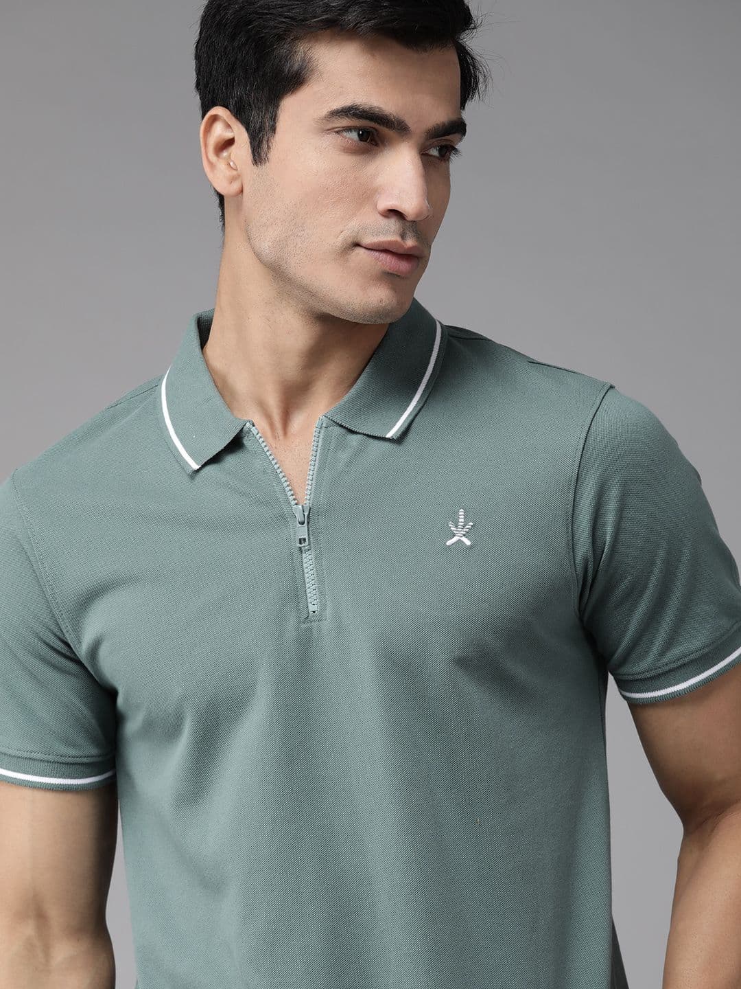 The Roadster Lifestyle Co Men Green Solid Cotton Polo Collar T-shirt - view 1