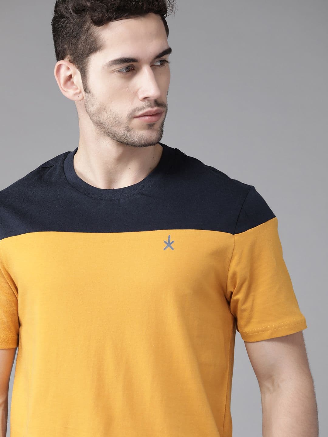 The Roadster Lifestyle Co Men Mustard Yellow & Navy Blue Cotton Colourblocked Round Neck T-shirt - view 1