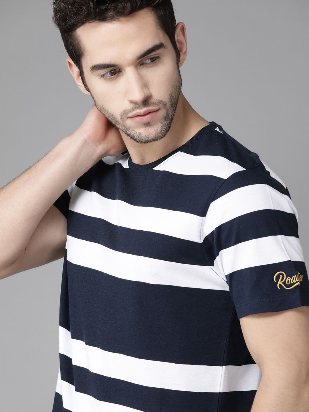 The Roadster Lifestyle Co Men White Pure Cotton Striped Round Neck Pure Cotton T-shirt - view 1