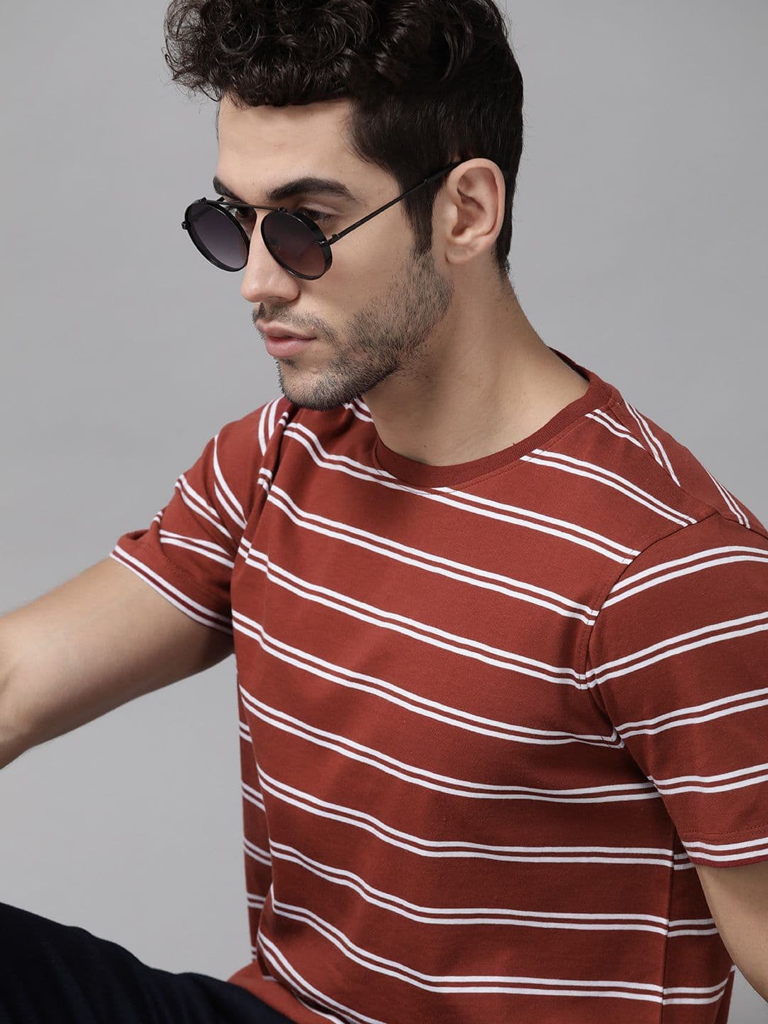 The Roadster Lifestyle Co Men Rust Striped Round Neck Pure Cotton T-shirt - view 1