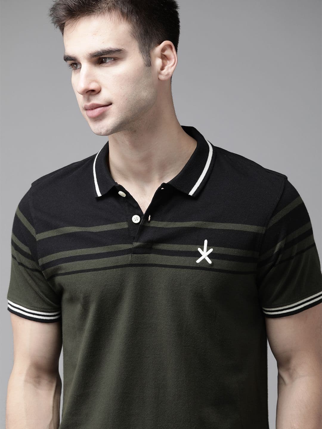 The Roadster Lifestyle Co Men Olive Green Cotton Colourblocked Polo Collar Cotton T-shirt - view 1