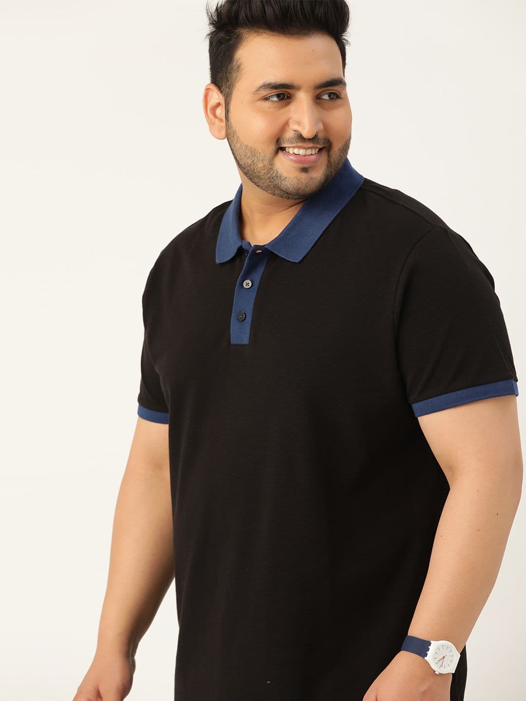Sztori Men Plus Size Black Pure Cotton Solid Polo Collar T-shirt - view 1