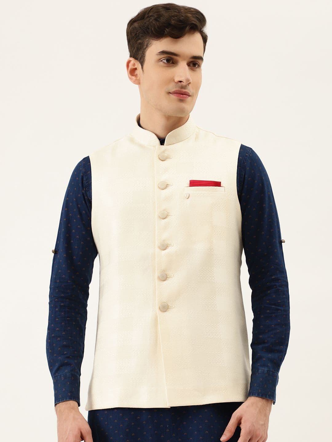 Manyavar Men Cream-Coloured Checked Woven Design Nehru Jacket with Brooch - view 1