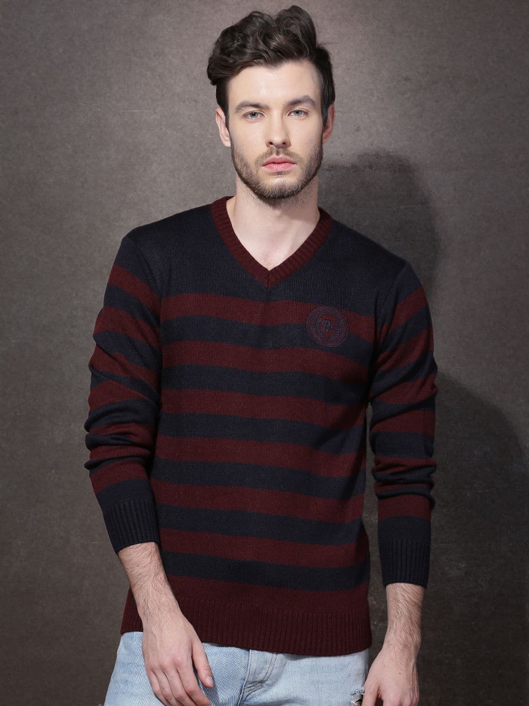 Roadster Men Maroon & Navy Striped Sweater - view 1