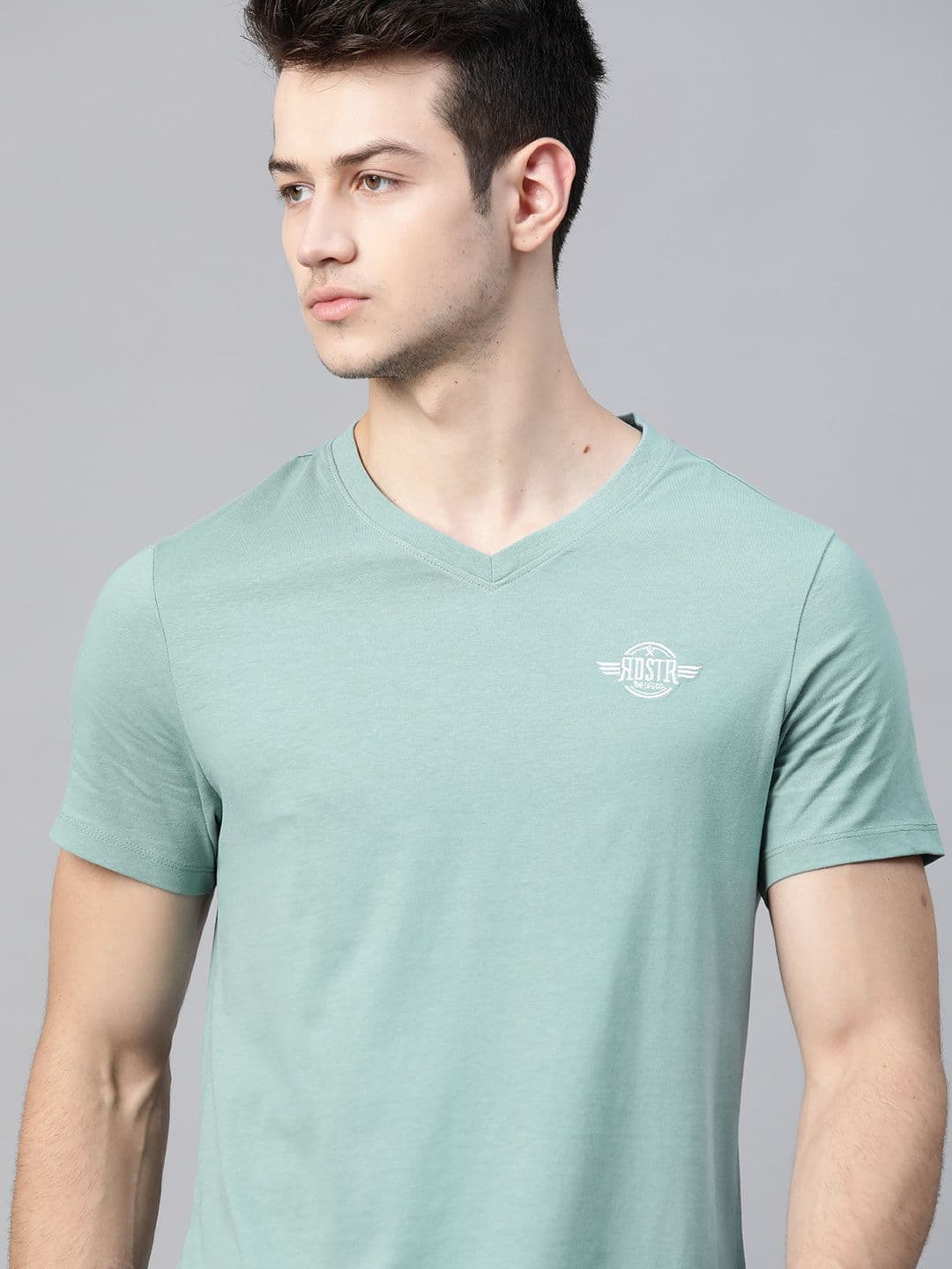 Roadster Men Blue Brand Logo V-Neck Pure Cotton T-shirt - view 1