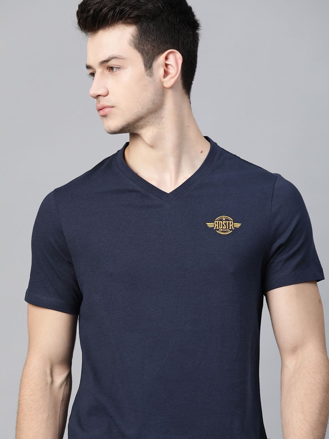 Roadster Men Navy Blue Brand Logo V-Neck Pure Cotton T-shirt - view 1
