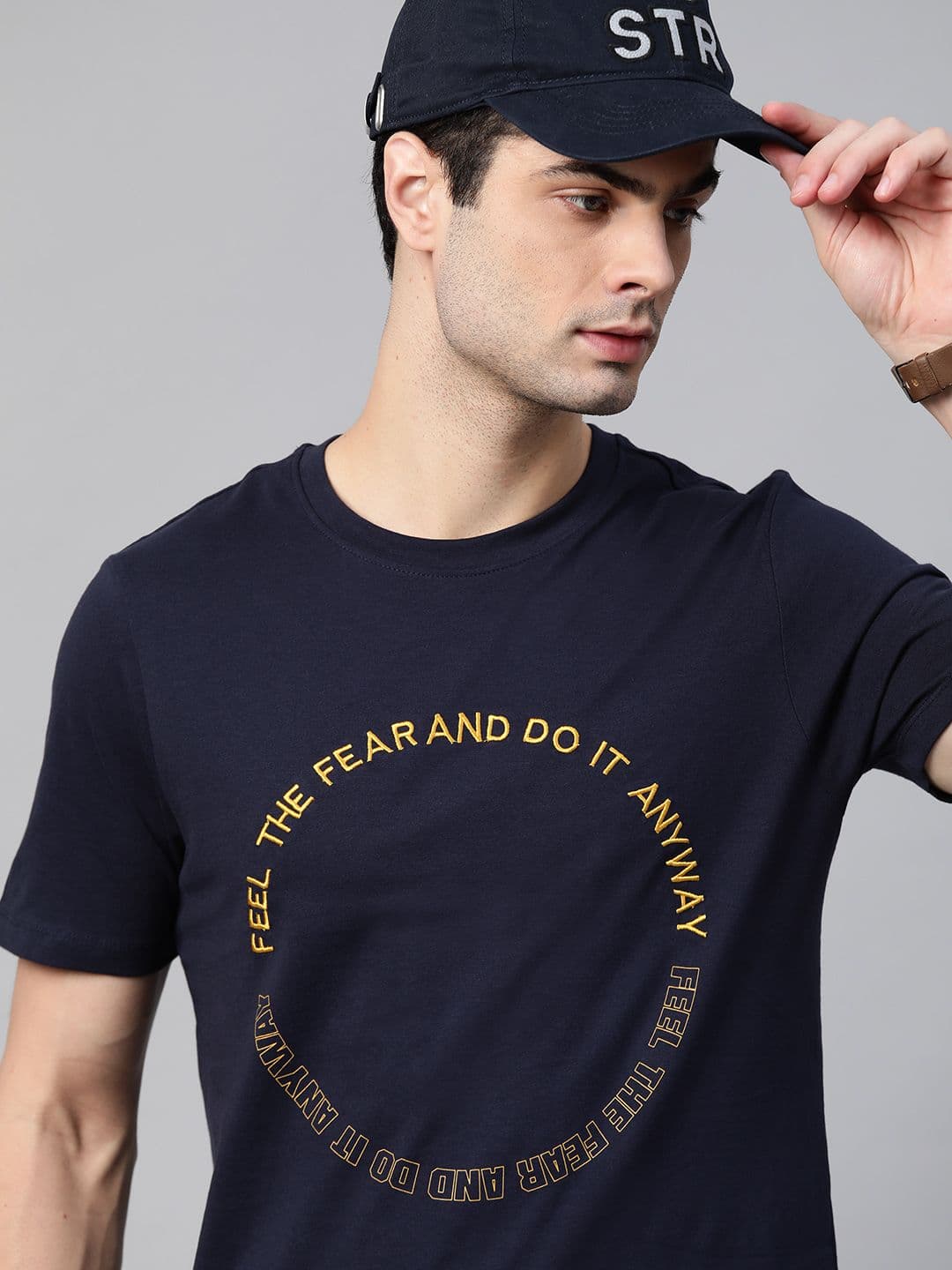 Roadster Men Navy Blue Mustard Yellow Typography Printed Pure Cotton T-shirt - view 1