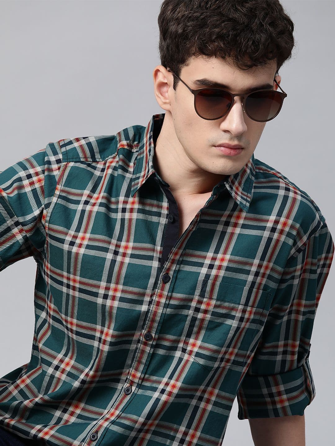 Roadster Men Teal Green & Off-White Tartan Checks Checked Casual Cotton Shirt - view 1