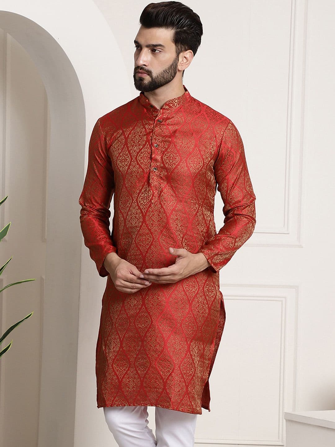 Sojanya Men Red & Golden Ethnic Motifs Jacquard Kurta - view 1