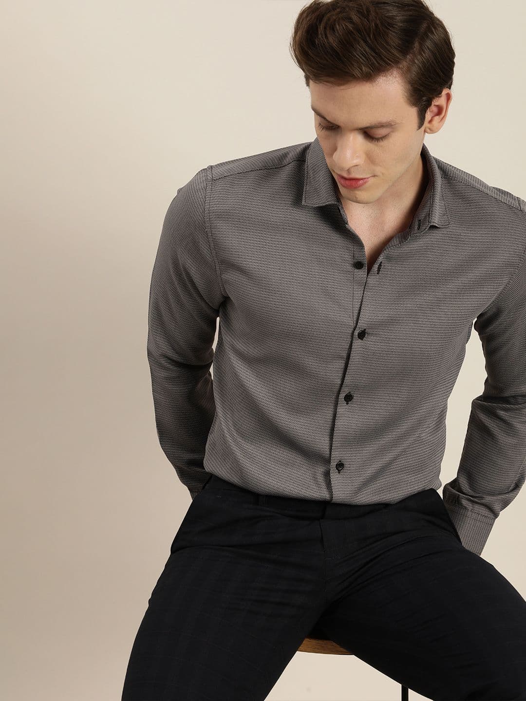 INVICTUS Men Easy Care Grey & Black Self Design Formal Shirt - view 1