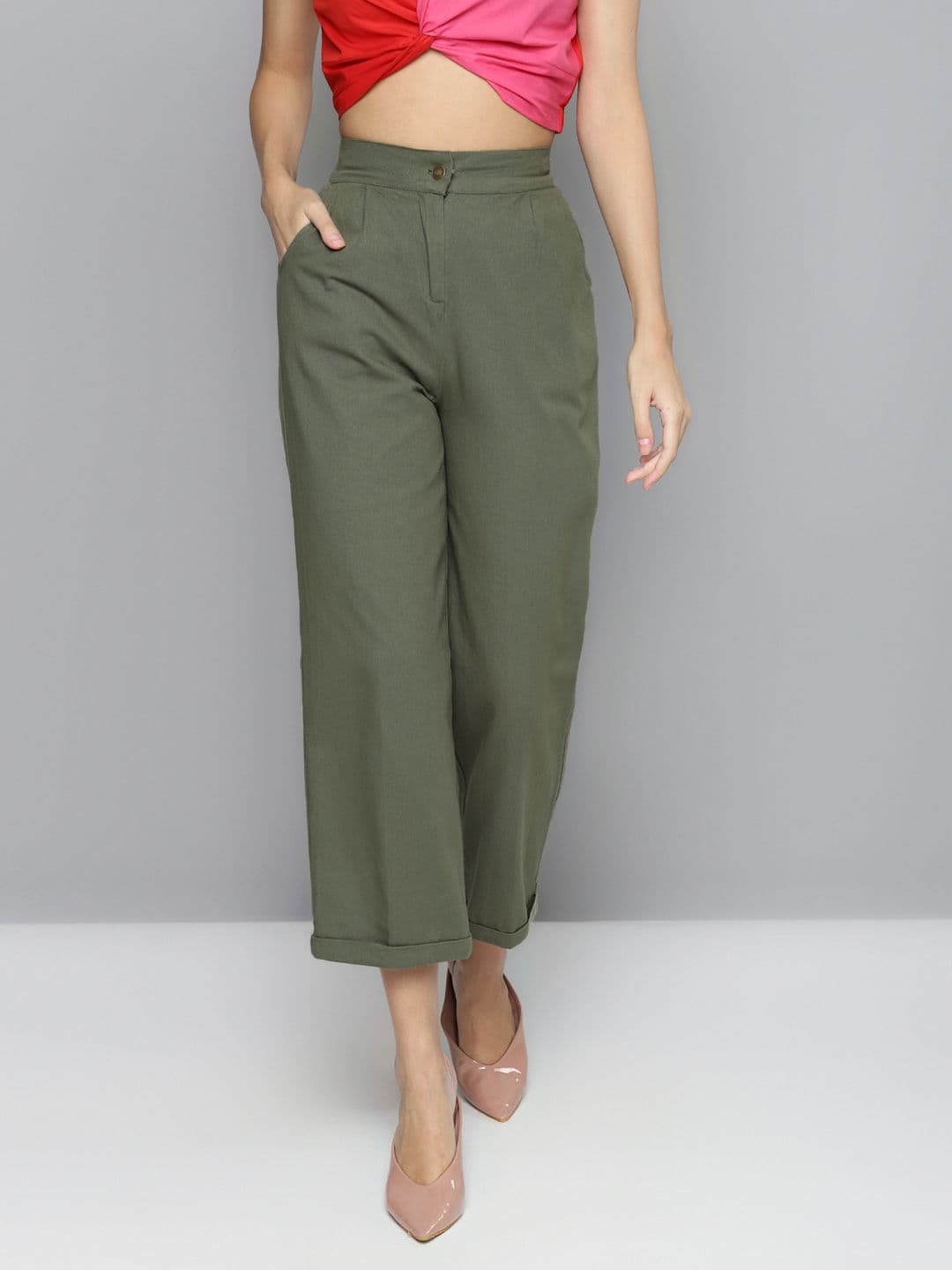 SASSAFRAS Women Olive Green Pure Cotton Straight Trousers - view 1