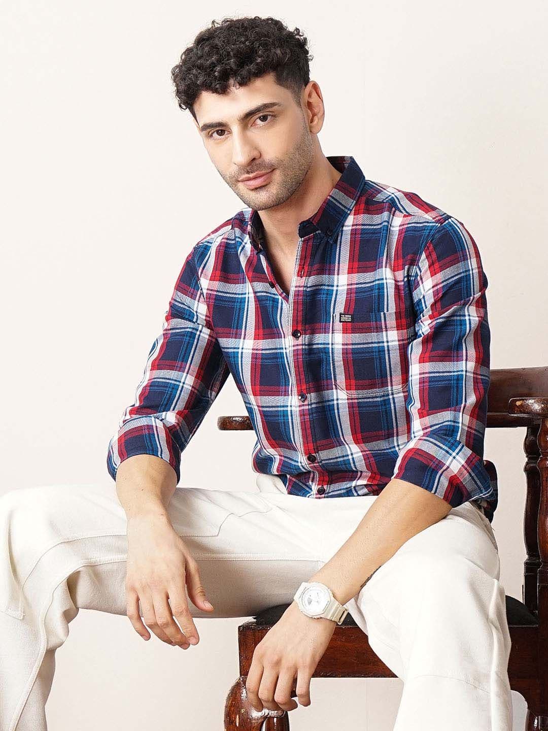 The Indian Garage Co Men Navy Blue & Red Slim Fit Checked Casual Shirt - view 1