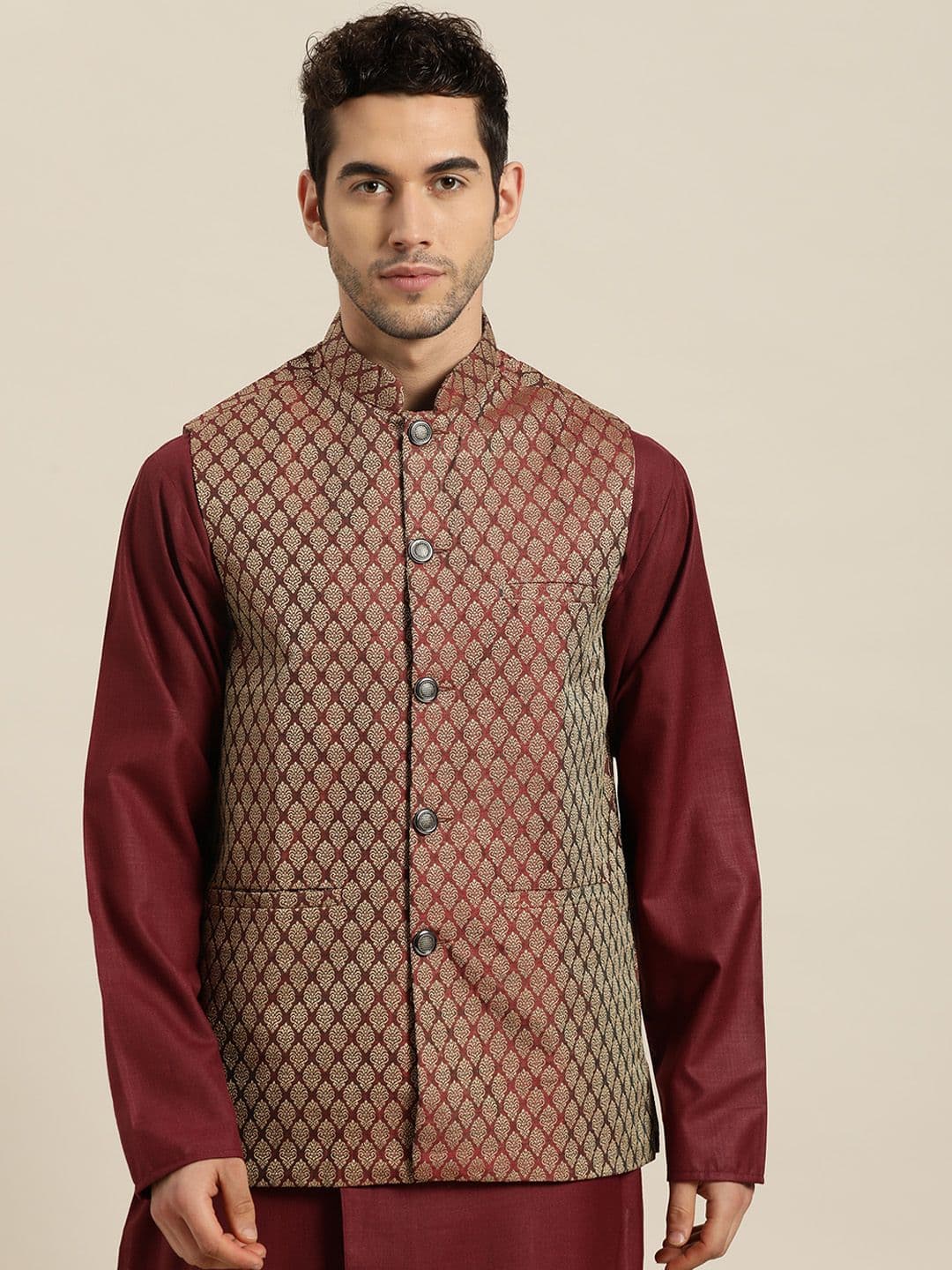 SOJANYA Men Maroon & Golden Woven Design Nehru Jacket - view 1