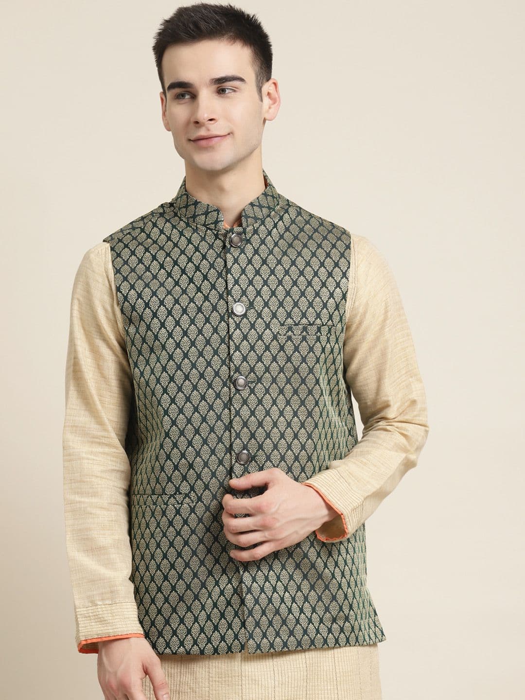 SOJANYA Men Green & Golden Woven Design Jacquard Silk Nehru Jacket - view 1