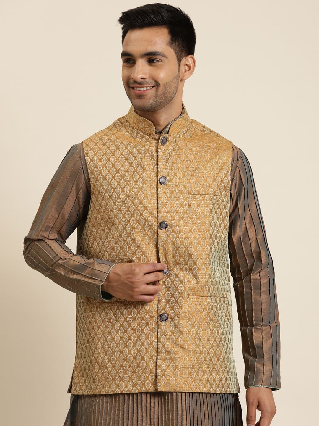 Sojanya Men Mustard Brown & Golden Woven Design Jacquard Silk Nehru Jacket - view 1