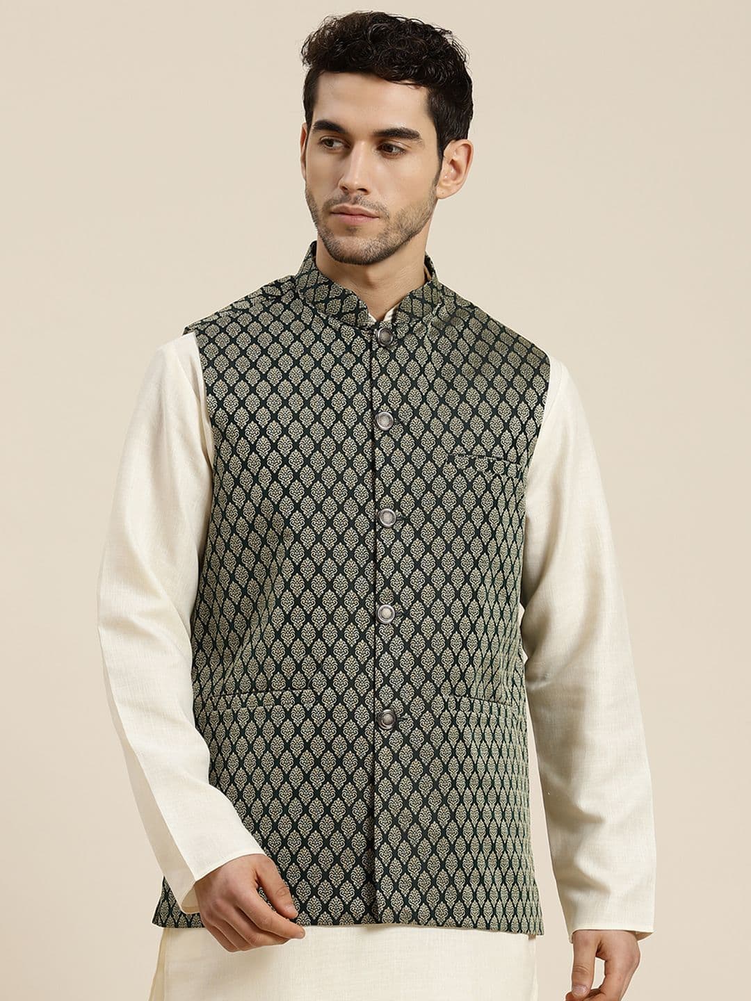 SOJANYA Men Olive Green & Beige Woven Design Jacquard Silk Nehru Jacket - view 1