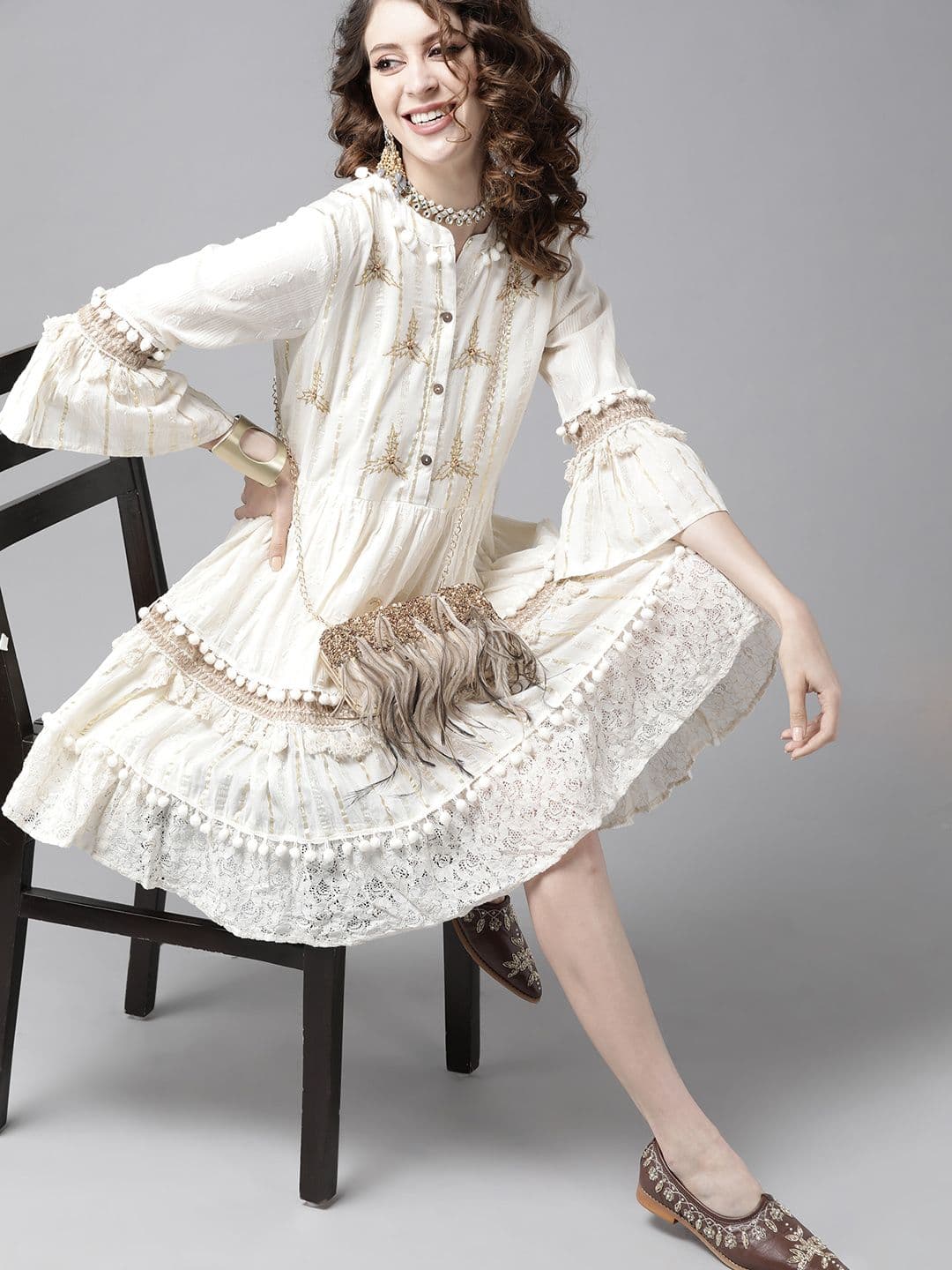 Ishin Off-White Pure Cotton Striped A-Line Dress - view 1