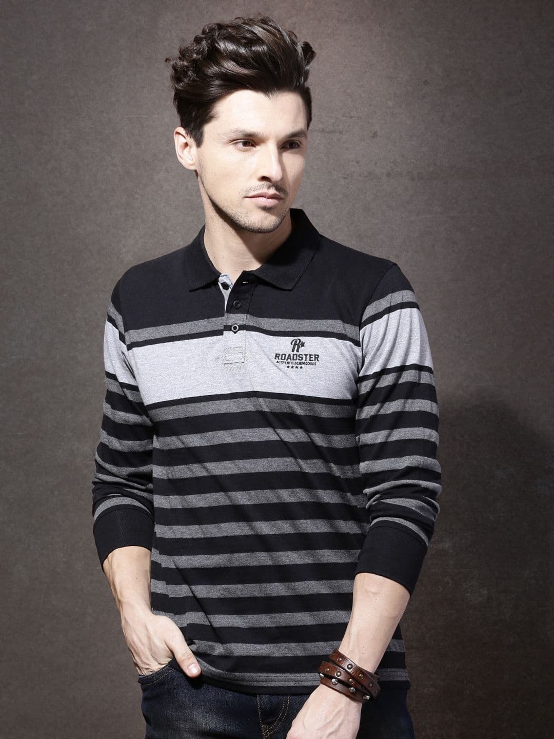 Roadster Men Black & Grey Melange Striped Polo Collar T-shirt - view 1