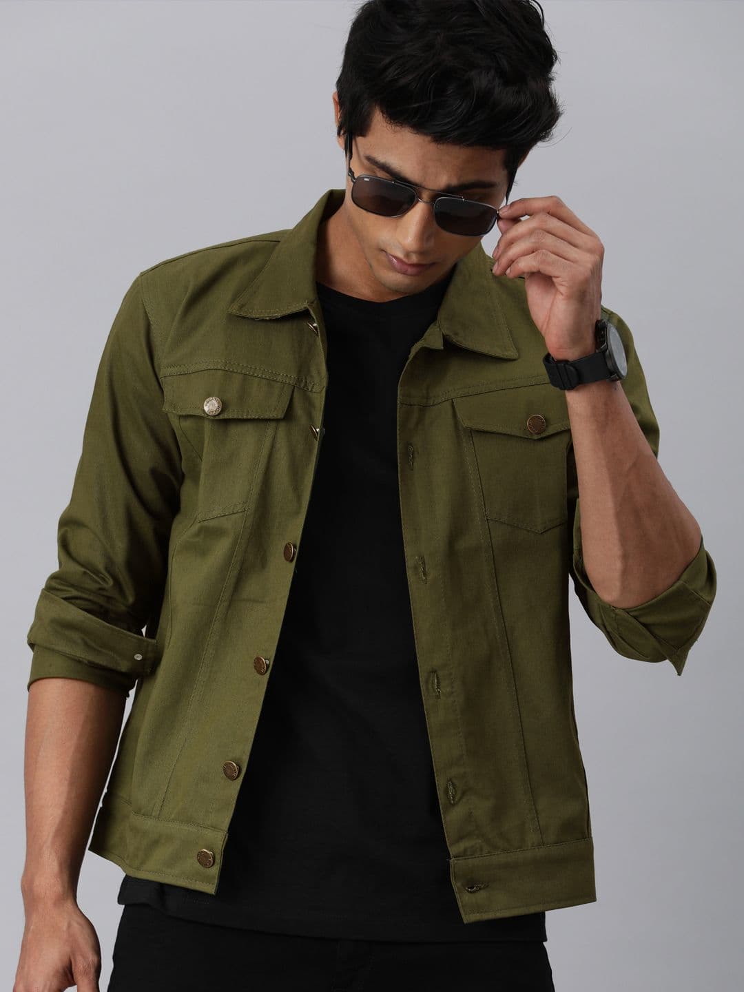 VOXATI Men Olive Green Solid Denim Jacket - view 1