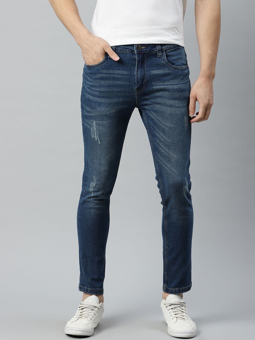 Mast & Harbour Men Navy Blue Skinny Fit Mildly Distressed Light Fade Stretchable Jeans - view 1