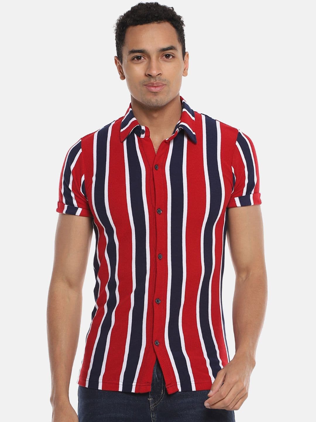 CAHOOT Men Red & Blue Slim Fit Striped Casual Shirt - view 1